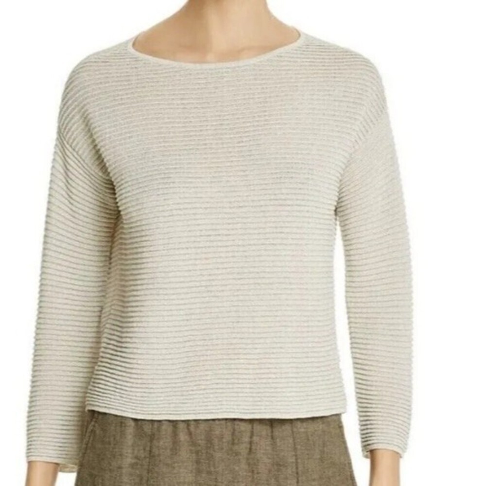 Eileen Fisher Organic Linen Blend Crepe ribbed shimmer  Sweater top Large